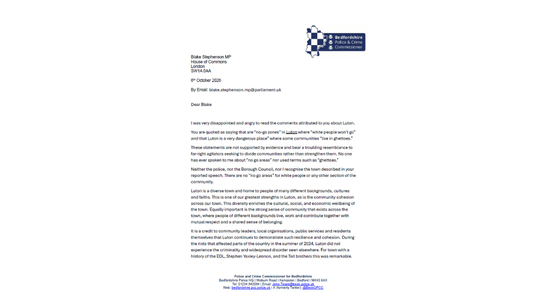 PCC issues statement condemning MP’s comments about Luton